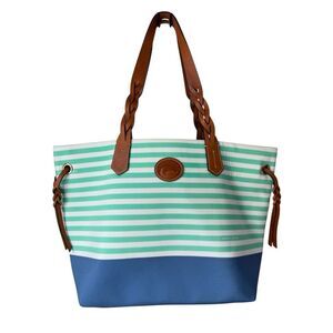 Dooney & Bourke Striped Nylon Sullivan Shopper Tote In Mint green, White, & Blue